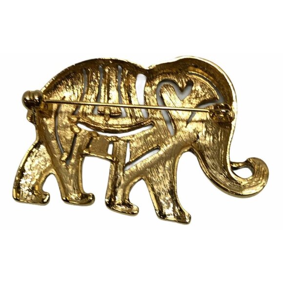 Elephant Brooch Pin Black Enamel Gold Color Figural Alloy Tribal Costume Jewelry - Picture 2 of 8